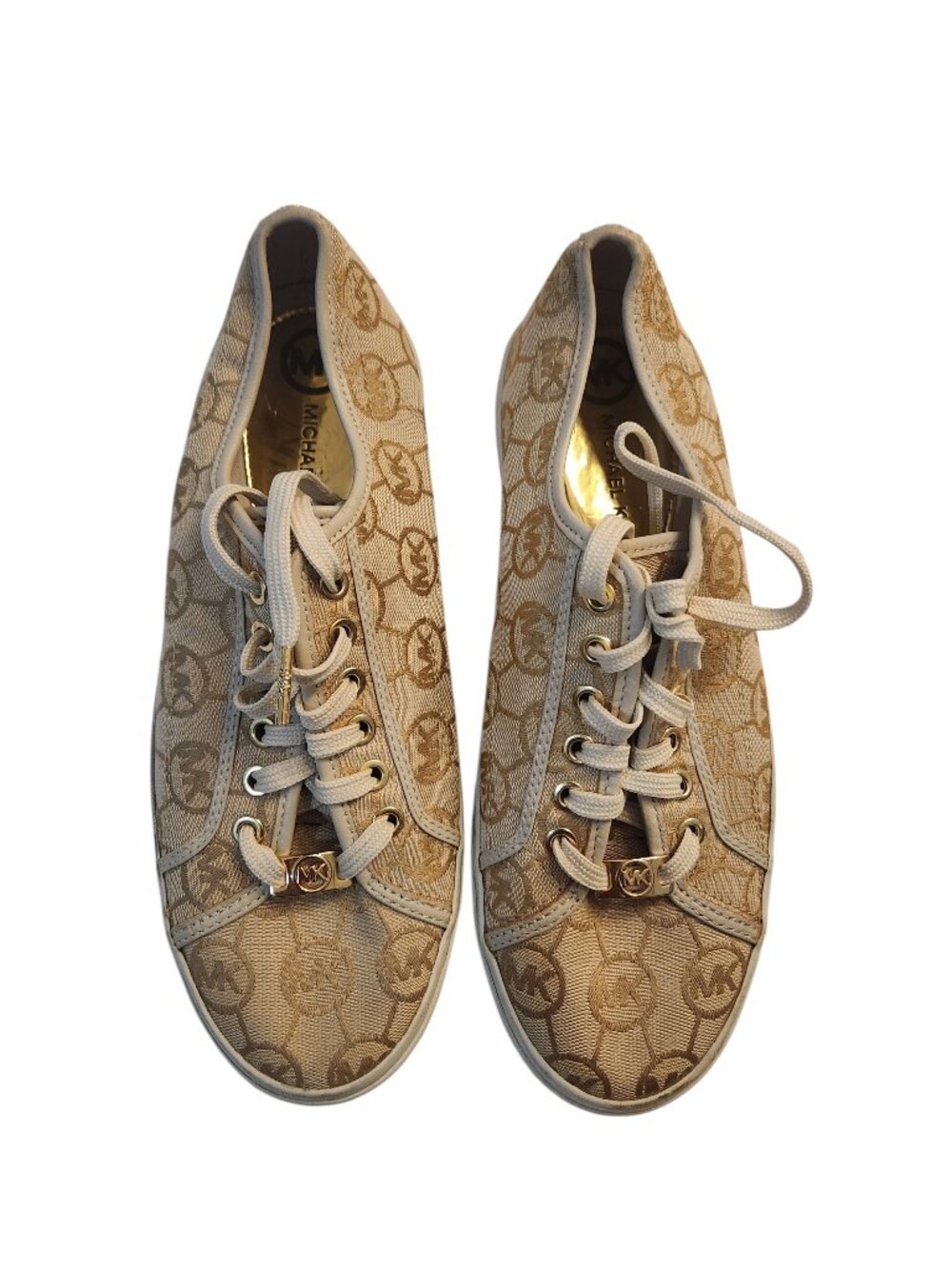 Michael Kors Monogram Signature Print Sneaker Size 9.5 Beige Tan Gold Flats